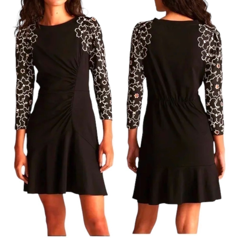 Rebecca Taylor Tai Silk Floral Embroidered Mini Dress With Lace Long Sleeve
